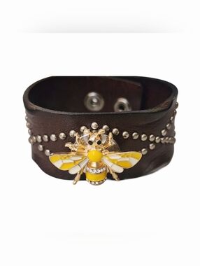 Interchangeable Bee Snap Charm On Studded Vegan Leather Cuff Bracelet